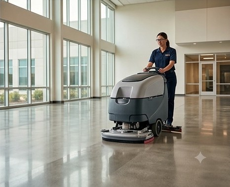 Commercial cleaner operating a floor scrubber