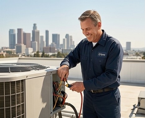 HVAC technician servicing a rooftop air-conditioning unit
