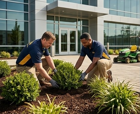 Landscaping crew maintaining a commercial property