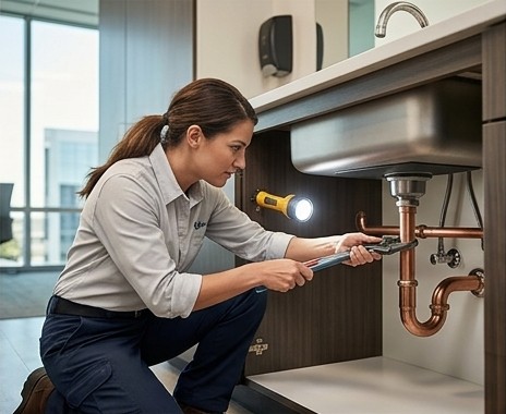 Plumber repairing pipes beneath a commercial sink