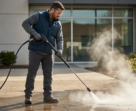 Power washing technician cleaning a commercial walkway