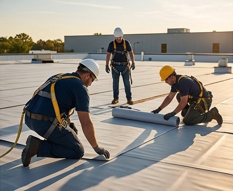 Commercial roofing crew installing a flat roof